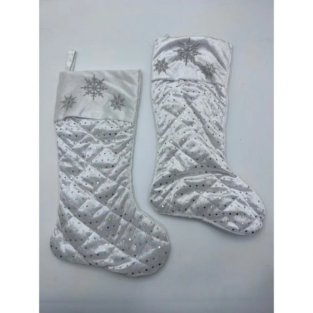 White Quilted Velvet Christmas Stockings Set of 2 Silver Snowflake Sequin Glam
